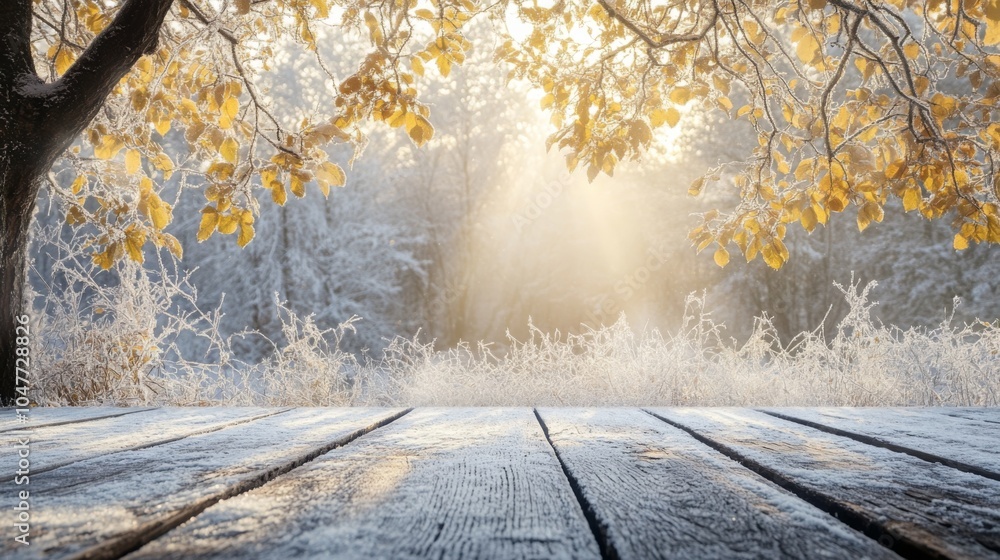 Poster golden leaves glisten with frost as morning sunlight streams through trees in a tranquil forest. the