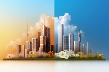 Obraz premium Contrasting cityscapes illustrating seasonal transitions with vibrant nature elements