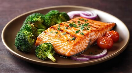 A plate of perfectly grilled salmon fillet with vibrant broccoli, red onion and cherry tomatoes on a dark background