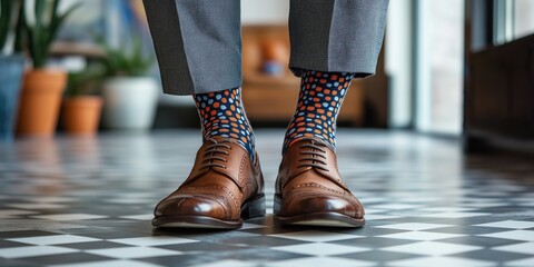 A businessman in a suit wearing colorful odd socks under formal shoes, standing in a corporate office with a patterned floor