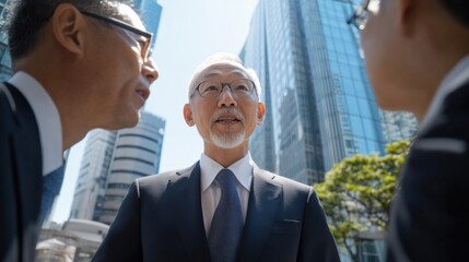 超高層ビル群の間の屋外で都市討論に参加するビジネス専門家