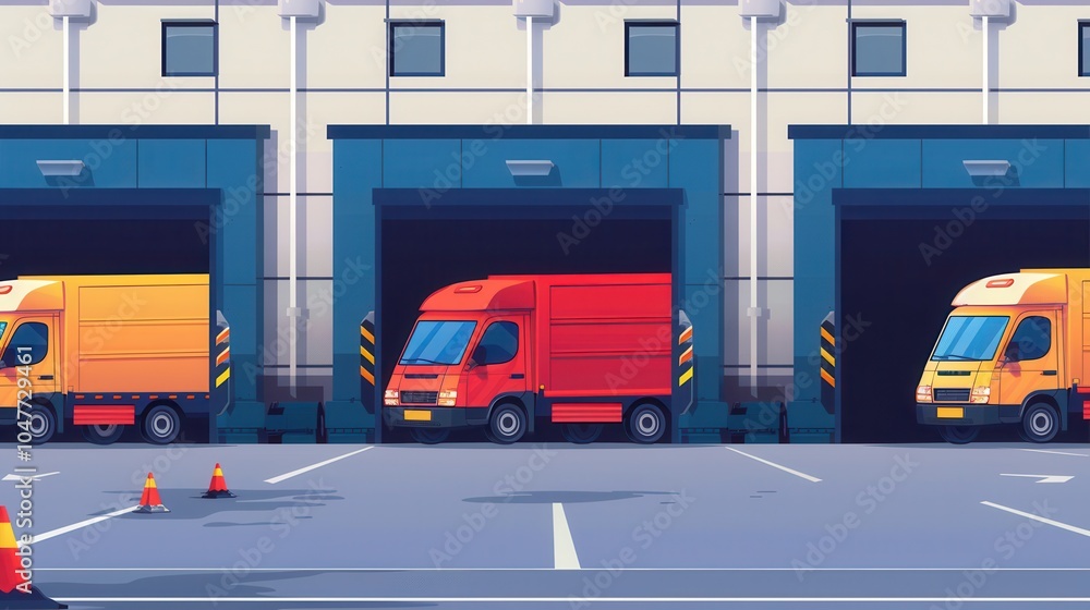 Leinwandbilder trucks and vans await loading at a warehouse dock, prepared for efficient logistical operations duri