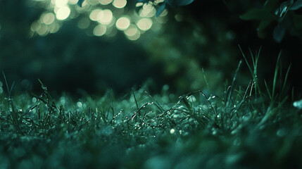 Fototapeta premium Morning dew glistens on grass in a tranquil backyard at dawn with soft light filtering through trees