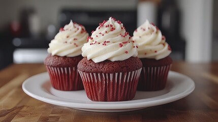 Three red velvet cupcakes with white frosting and red sprinkles on a white plate.