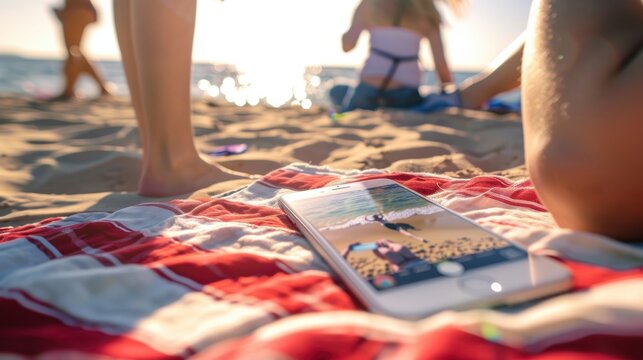 Group of friends taking a selfie at the beach with a phone on a towel, capturing fun moments for social media and creating content together