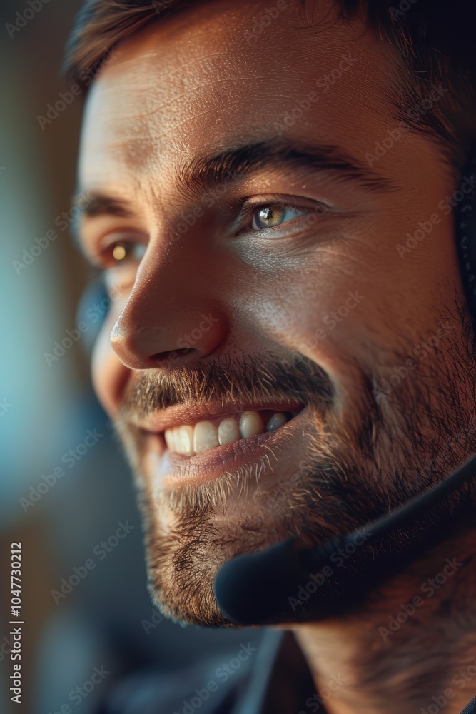 Poster customer service representative smiling while working in an office. includes crm, consulting, and su