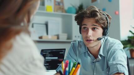 Customer service representative using a headset for telemarketing communication, providing support through a contact management system, and consulting on tech support via microphone