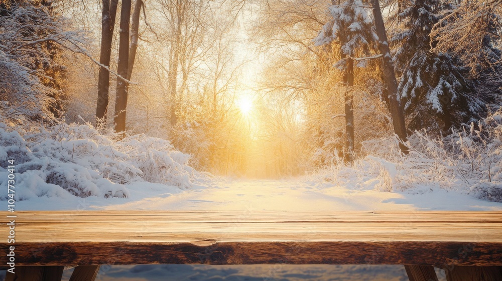 Poster the setting features a peaceful, snow-blanketed forest with tall trees illuminated by a warm sunset.