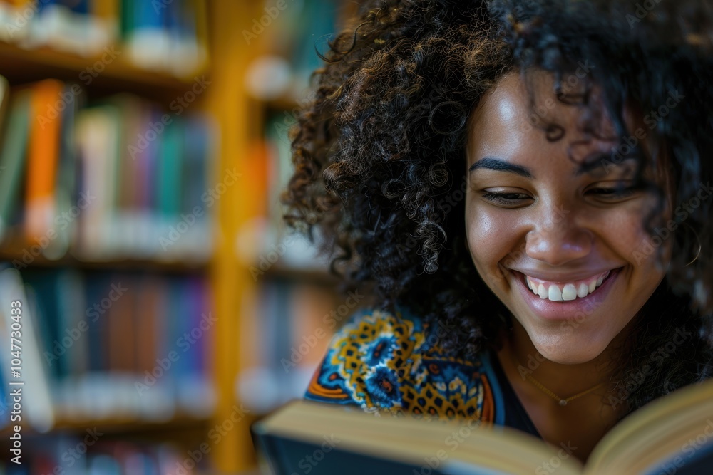 Aufkleber student smiling in a library while reading, enjoying a book for learning and research related to edu