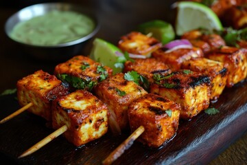 Paneer tikka, a vibrant Indian street food, beautifully presented.