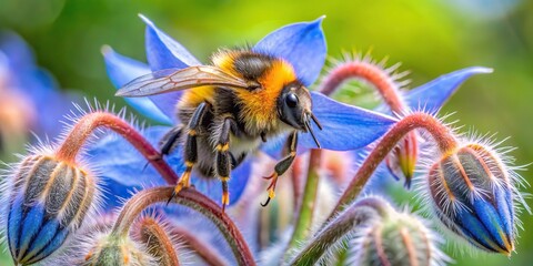 Symmetrical Buffalo-tailed bumblebee Bombus terrestris gathering nectar from Borago officinalis in a summer nature background