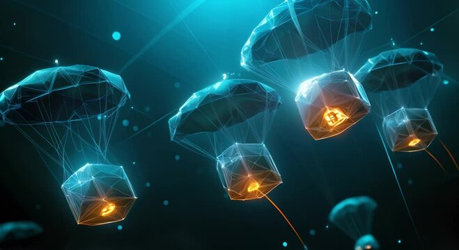 Slow motion VDO of Futuristic financial markets receiving airdrops through decentralized networks