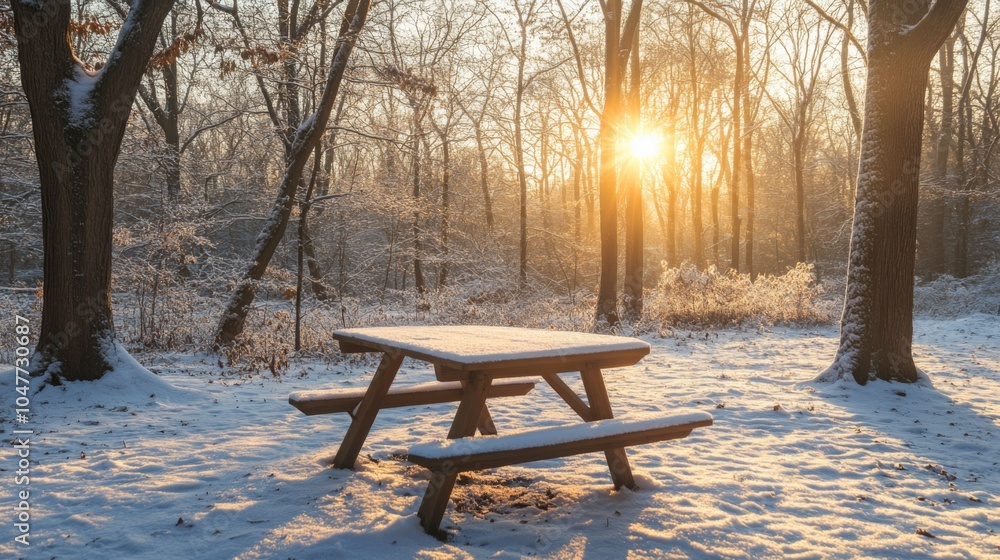 Poster a tranquil winter morning unfolds as the sun rises over a snow-covered picnic table nestled among ta