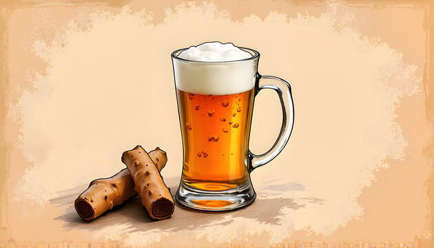 Glass of frothy beer with cigar-shaped snacks on beige background