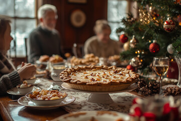 Fototapeta premium A cozy winter celebration with friends and festive food by the tree