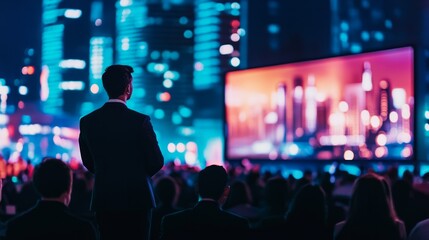 man giving a presentation in a large hall
