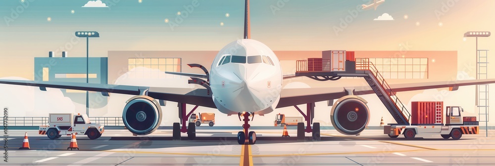 Poster A cargo airplane stands on the runway, surrounded by loading and unloading equipment as the sun sets in the background. Generative AI