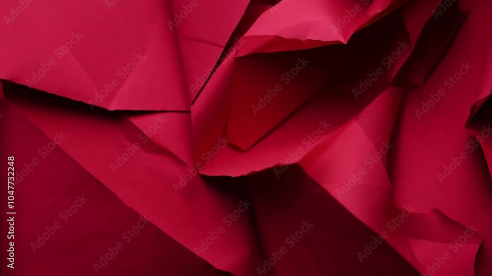 Poster The vibrant red crumpled paper forms an abstract composition, showcasing texture and depth ideal for creative projects. This backdrop adds a bold touch to various artistic designs.