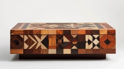 A coffee table featuring a mosaic of marquetry patterns inspired by various cultural traditions and techniques. 