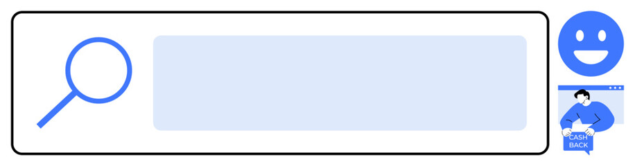 Magnifying glass icon on search bar with blue border and background. Right side shows smiling emotion and person holding shopping bag. Ideal for digital design, user experience, web development