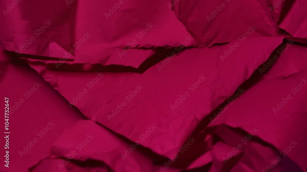 Poster crimson fabric is intricately crumpled and folded, showcasing rich textures and deep shadows under s