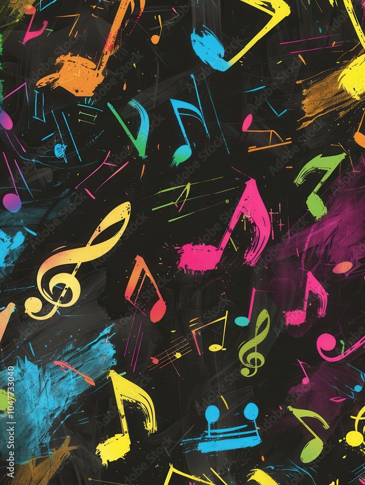 Poster colorful brushstrokes cover a black chalkboard, intermingling with musical notes and symbols for an 