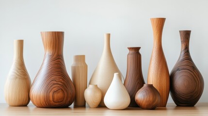 A collection of modern woodturned pieces, such as vases and candle holders, displayed in a minimalist setting to highlight their elegance. 