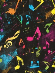 Obraz premium Colorful brushstrokes cover a black chalkboard, intermingling with musical notes and symbols for an expressive artistic display. Generative AI