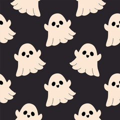 Seamless pattern featuring adorable cute ghosts on a black background, adding a playful and spooky touch to Halloween-themed designs. Perfect for seasonal fabric, stationery, and creative projects
