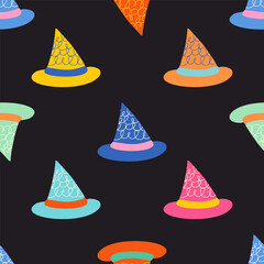 Seamless Halloween pattern featuring colorful witch hats on a black background. Perfect for seasonal fabric, party decor, and creative projects.