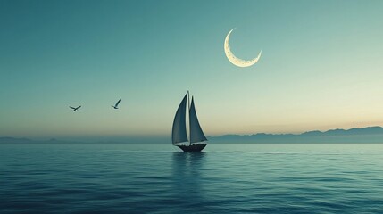 A solitary yacht glides across the sea, accompanied by a seagull in flight, with a crescent moon rising in the background.