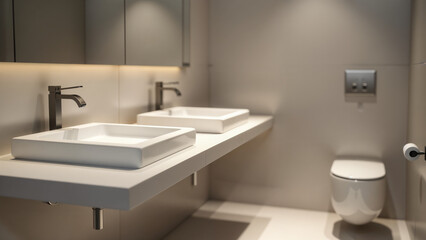Fototapeta premium A Dynamic Scene of Two Square Sinks and an Elegant Toilet in a Modern Restroom Blending Functionality with Design