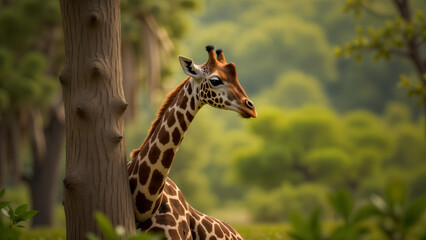 Obraz premium A Serene Encounter Between a Giraffe and a Textured Trunk Displaying Natural Wildlife Behavior in a Picturesque Setting