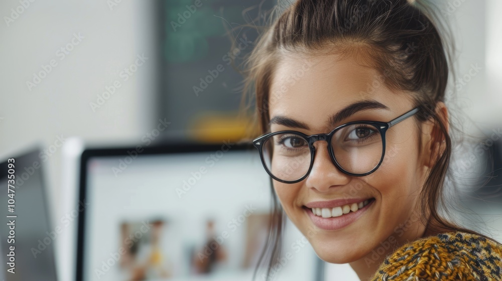 Poster happy woman using a computer for online project management and internet business tasks in an office 