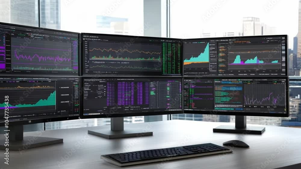 Poster multi-screen trading setup displaying financial market data and analytics in a modern office overloo