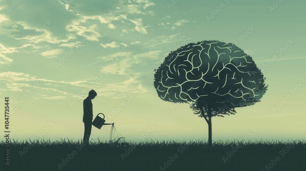 Poster a man waters a tree that resembles a human brain, representing the nurturing of intellect and the gr