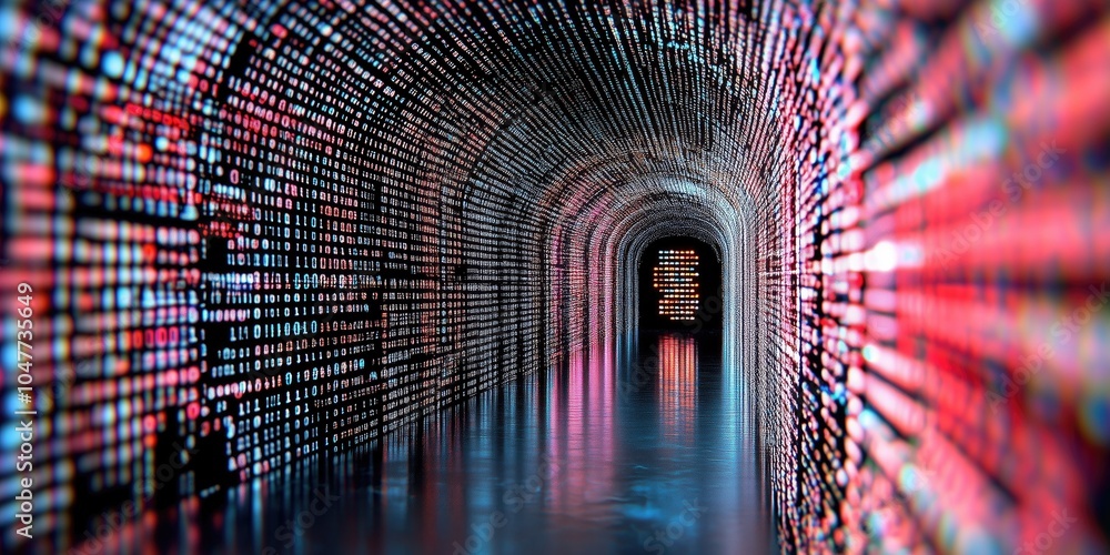 Poster brightly lit abstract tunnel composed of digital patterns in vibrant red, blue, and black colors wit