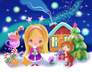 Cartoon cute girl and their christmas tree