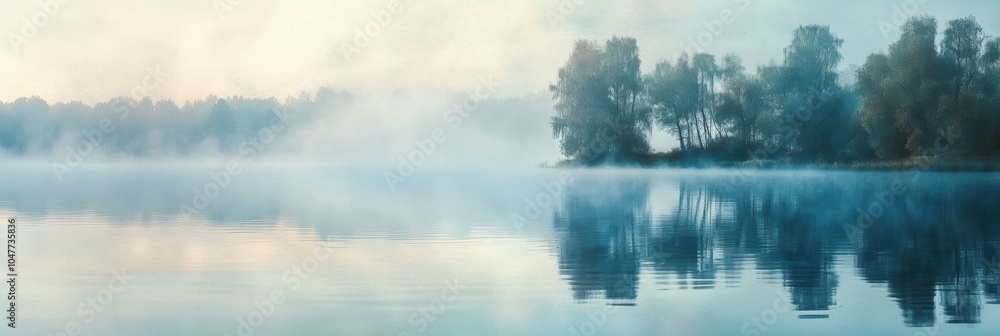 Poster The calm lake is shrouded in mist, with trees lining the shore, creating a serene atmosphere in the early morning light. Generative AI