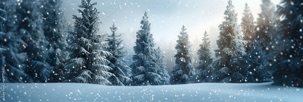 Poster a serene forest filled with tall pine trees covered in fresh snow while gentle flakes fall against t