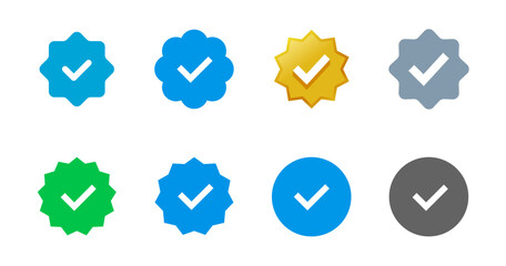 Instagram, Facebook, Twitter, Tiktok, Telegram, Whatsapp, Viber, Youtube, set verified profile badges. Check mark verified account icons. Account verification icon. Guaranteed safety pers