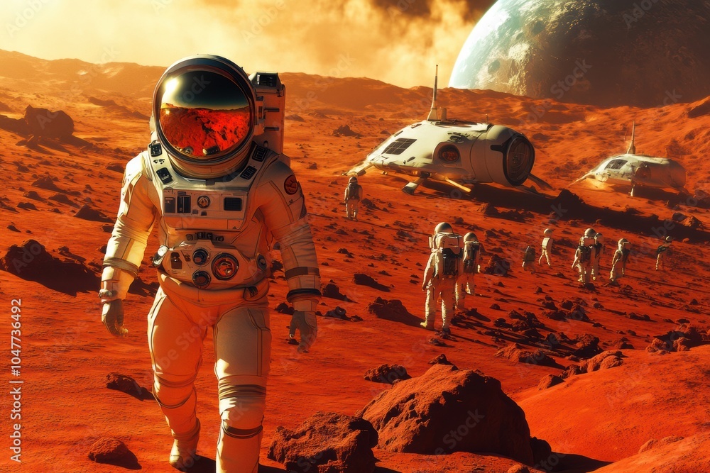 Poster A group of astronauts walks across the Martian surface, surrounded by advanced vehicles and a striking planet backdrop. Generative AI