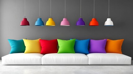 Modern Minimalist Living Room Interior with White Sofa, Colorful Pillows, and Stylish Lamps