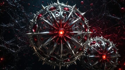 Fototapeta premium A futuristic, intricate structure resembling a molecule, featuring red gems and sharp metallic spikes, set against a dark, atmospheric background. Ideal for tech and sci-fi themes