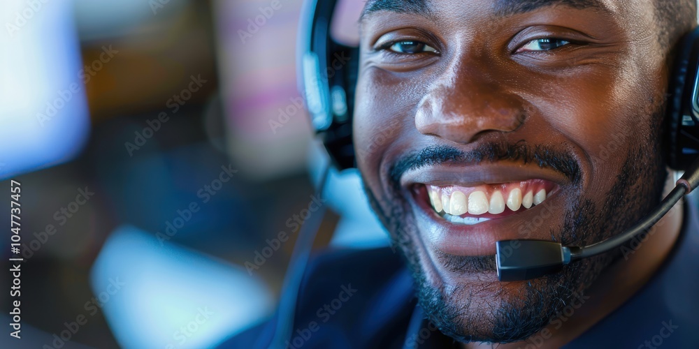 Poster customer support representative smiling while on a call, engaging in communication and telemarketing