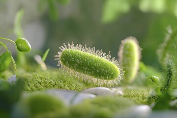 Fototapeta premium Bifidobacterium among diverse plants and animals, thriving in its natural environment, illustrated in a 3D animated style.