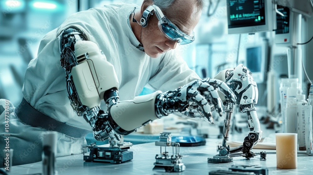 Poster a scientist in a lab coat works on a robotic arm, examining a circuit board.