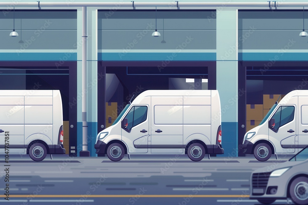 Fototapete multiple trucks and vans are lined up at a warehouse loading dock, ready for loading and timely deli