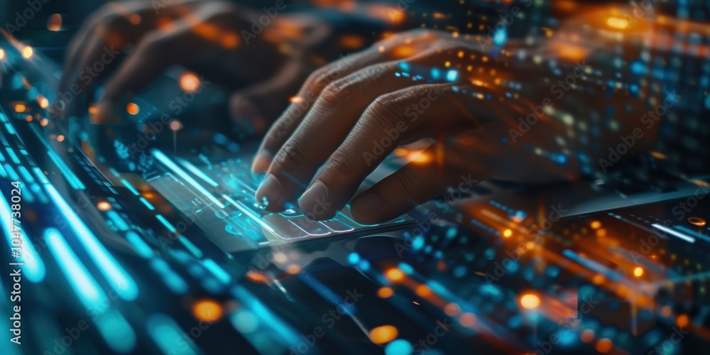 Poster closeup of a businessperson using a phone and interacting with a holographic screen, browsing the in