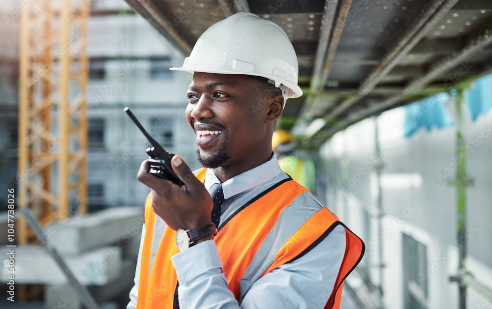 Poster black man, architect and talking with radio at construction site for communication on infrastructure